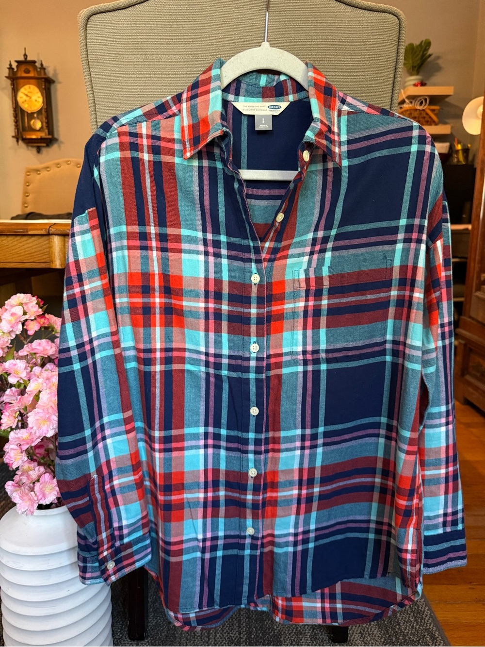Old Navy The Boyfriend Shirt Plaid Flannel Blue & Red Size Medium
